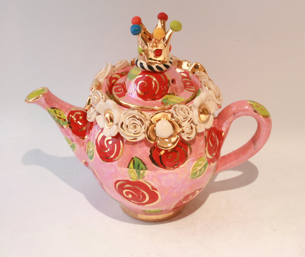 Crown Lidded Multiflower Encrusted Medium Teapot in Rose Red