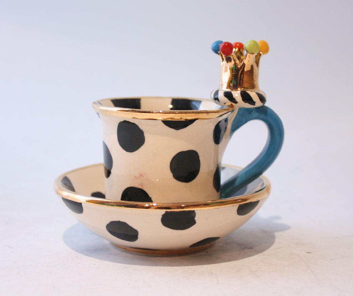 Crown Handled Demi Tasse and Saucer in Polka