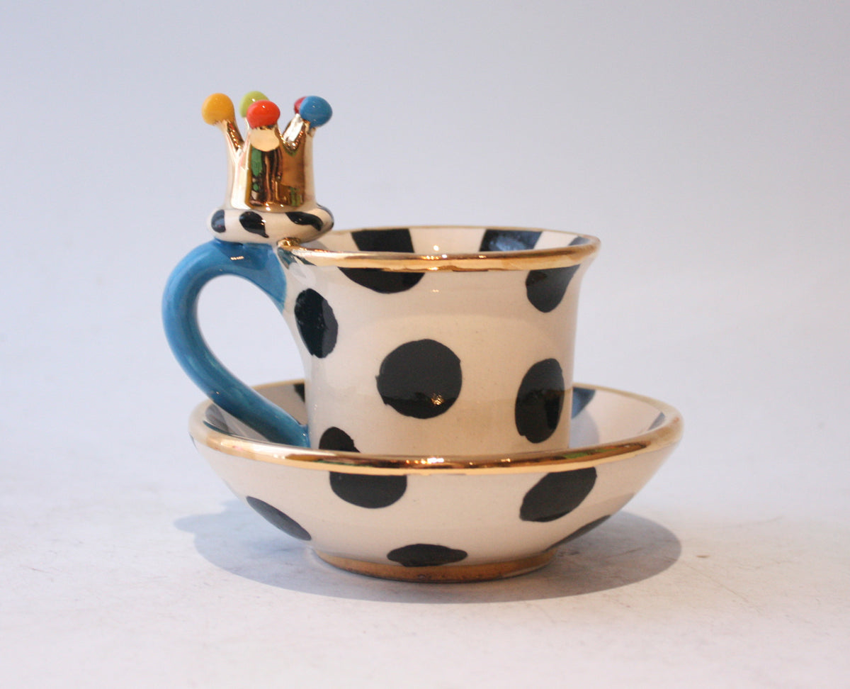 Crown Handled Demi Tasse and Saucer in Polka