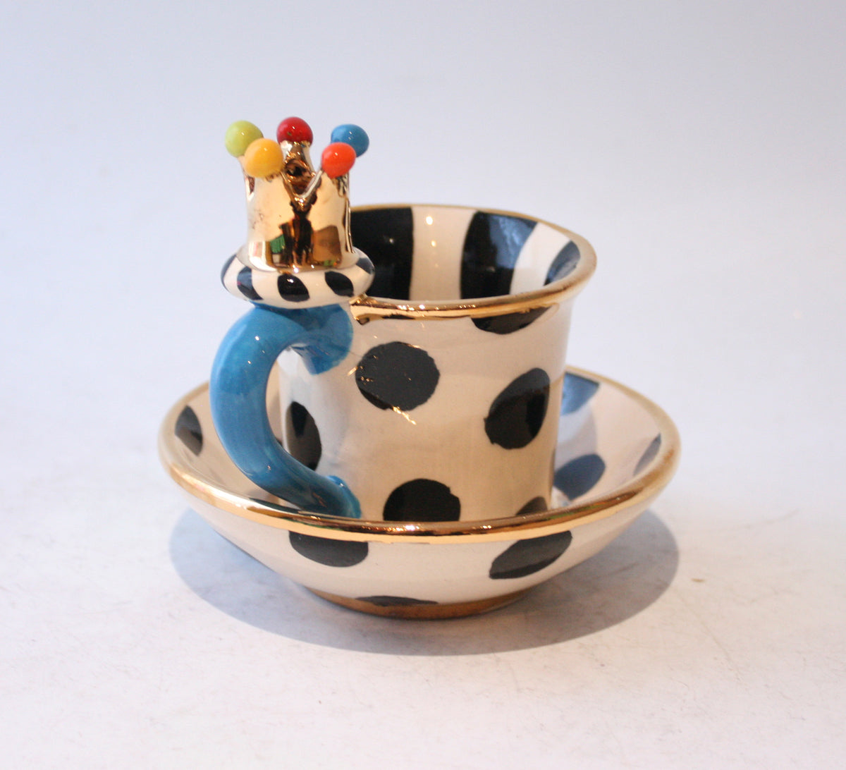 Crown Handled Demi Tasse and Saucer in Polka