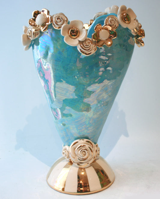Large Encrusted Heart Vase in Iridescent Blue