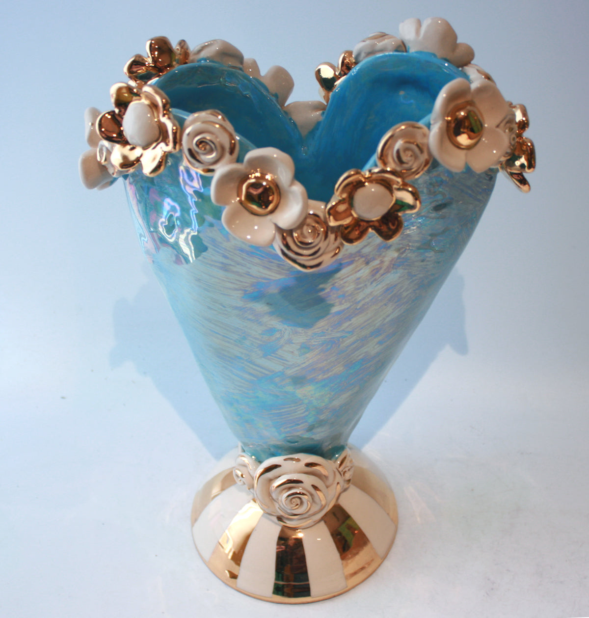 Large Encrusted Heart Vase in Iridescent Blue