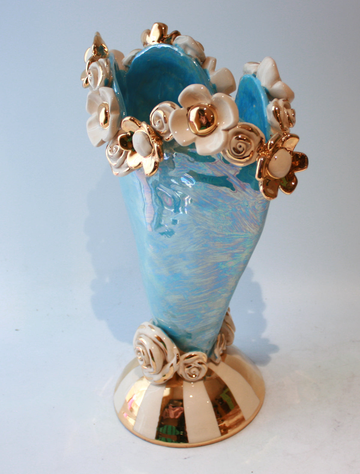 Large Encrusted Heart Vase in Iridescent Blue