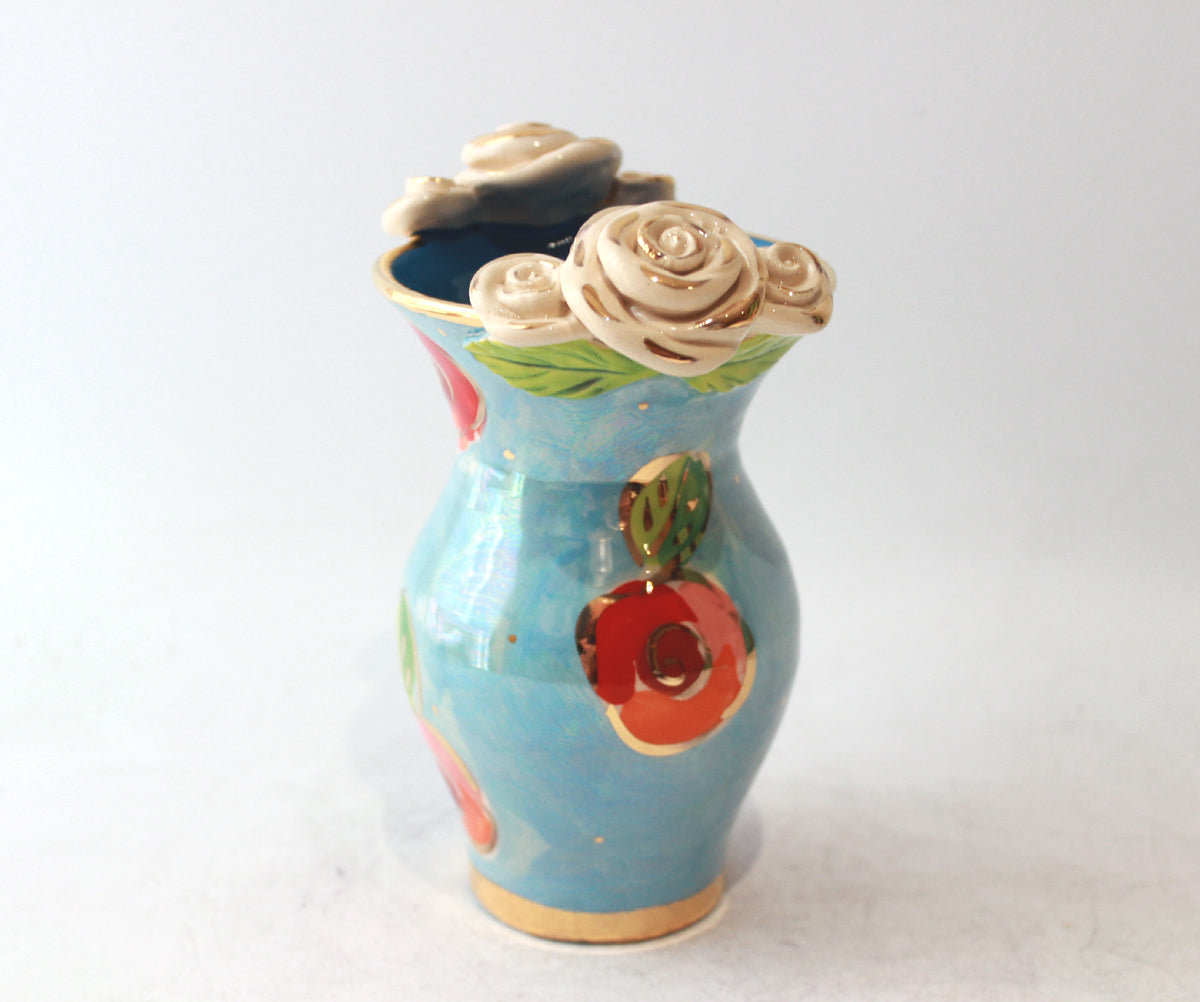 Tiny Rose Edged Vase in Rosebud on Iridescent Blue