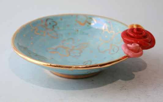 Rose Saucer in Blue with Gold Dots and Posies