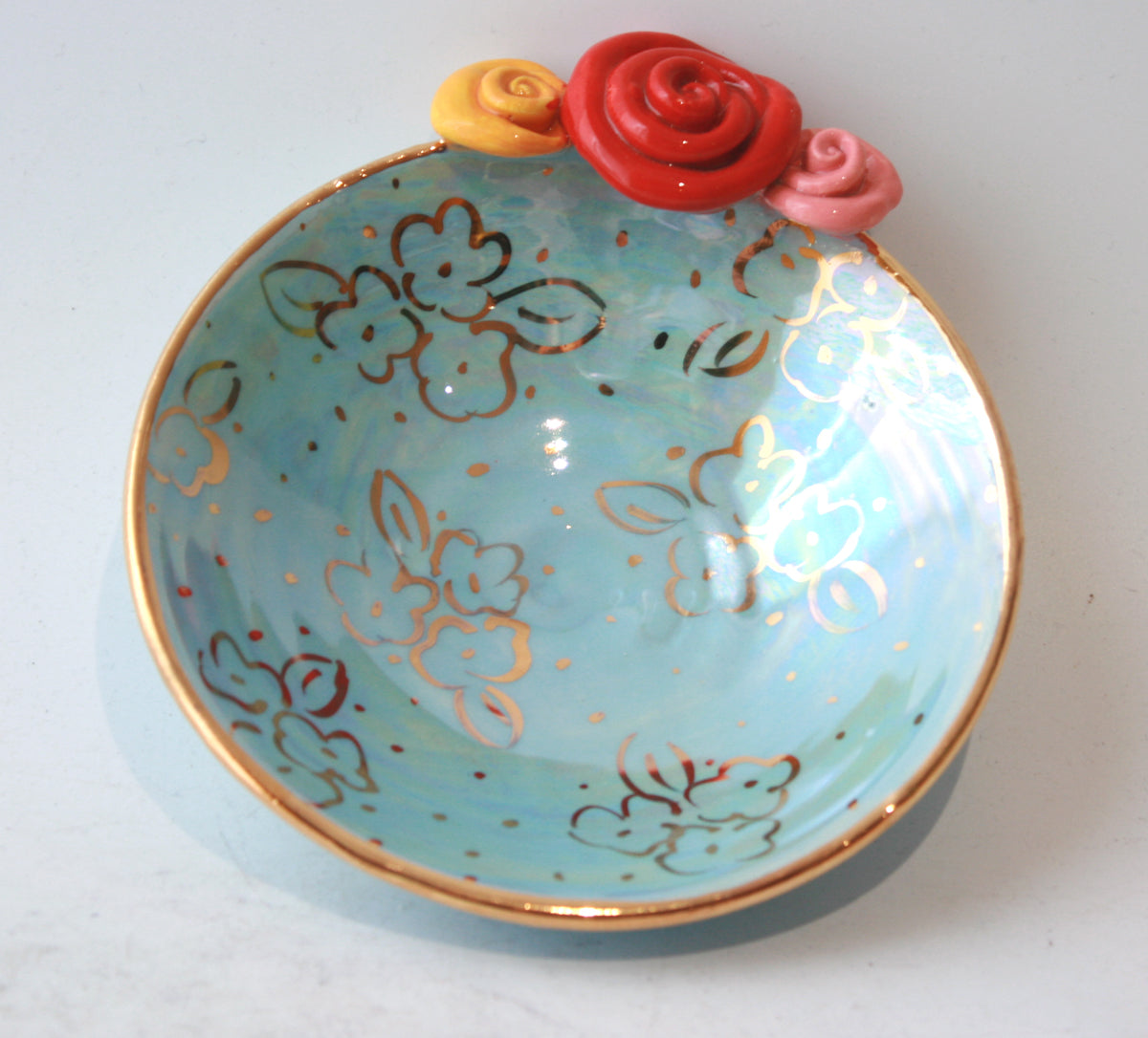 Rose Saucer in Blue with Gold Dots and Posies