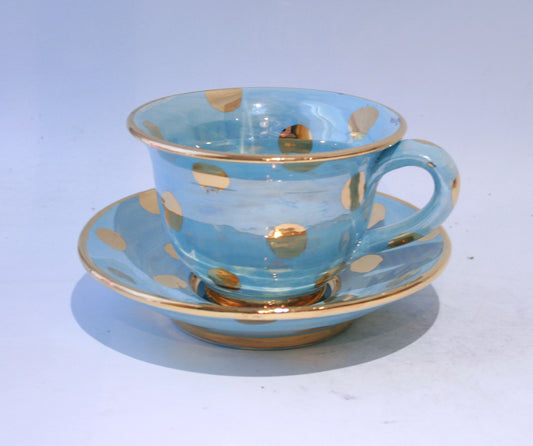 Blue Cup and Saucer in Gold Dots