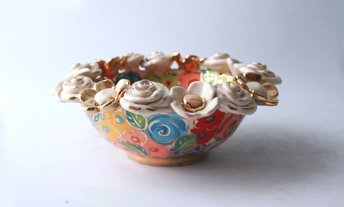 Multiflower Encrusted Bowl in Pastel Blooms