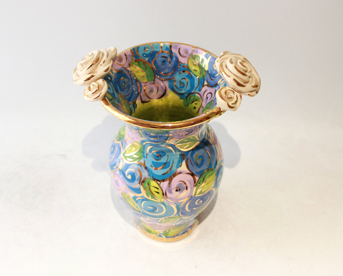 Medium Rose Edged Vase in Blue Rosebush