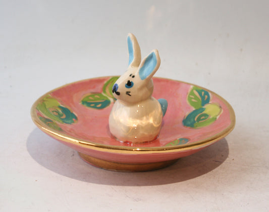 Saucer with Rabbit in Gold New Rose on Pink