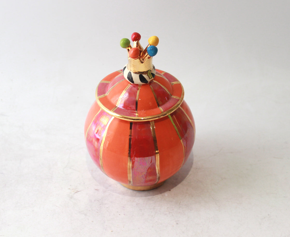 Crown Lidded Tea Caddy in Orange and Red Stripe