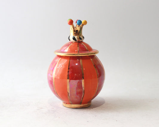 Crown Lidded Tea Caddy in Orange and Red Stripe