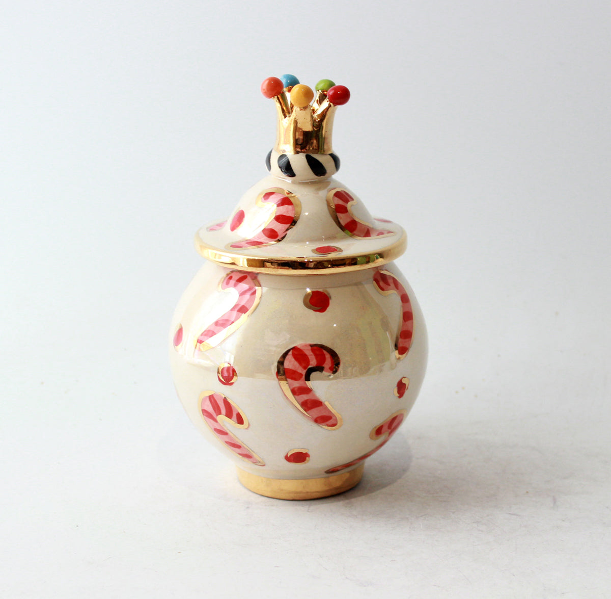 Small Round Crown Lidded Tea Caddy in Candy Cane