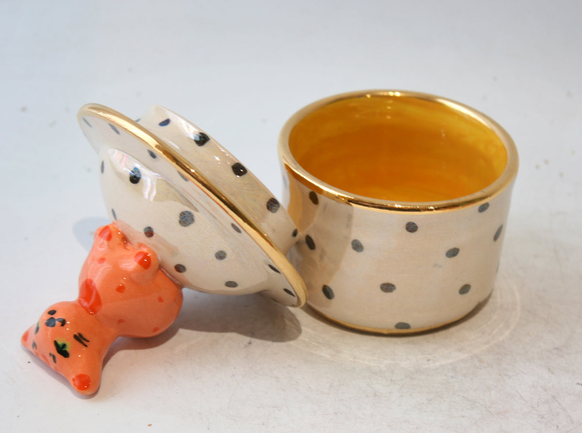 Lidded Pot with Cat in Polka