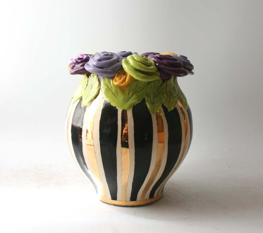 Cauldron Vase in Black and Gold and White Stripes