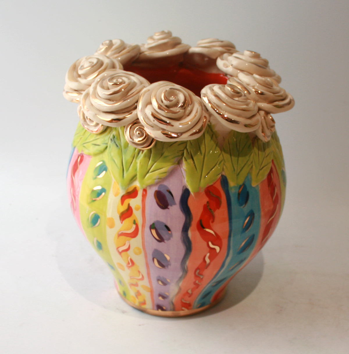 Rose Encrusted Cauldron Vase in Pastel Stripes