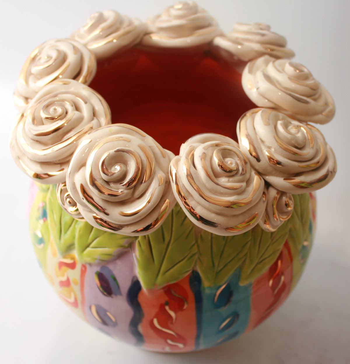 Rose Encrusted Cauldron Vase in Pastel Stripes