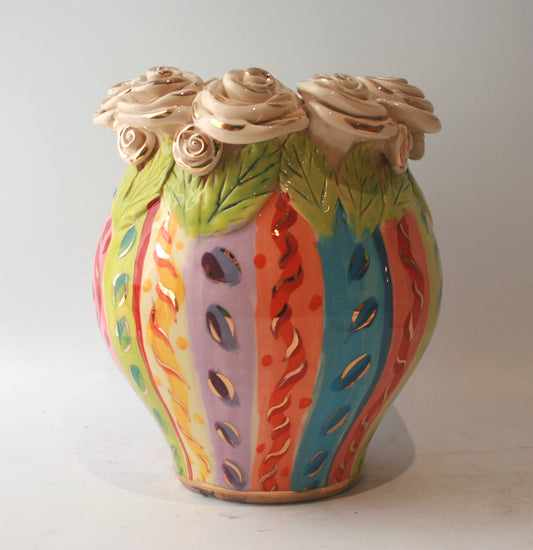 Rose Encrusted Cauldron Vase in Pastel Stripes