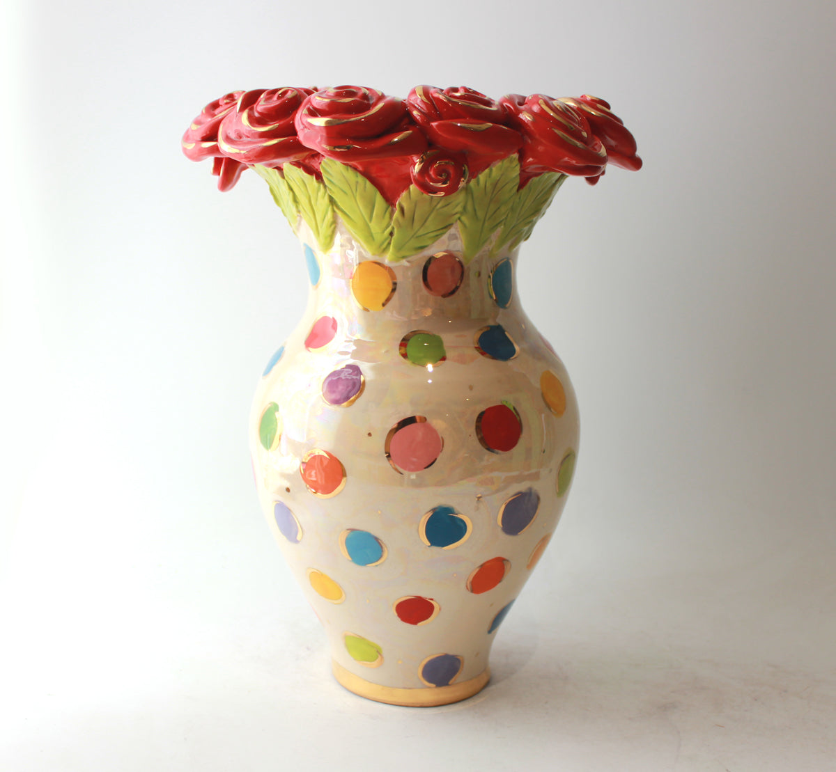 Large Rose Encrusted Vase in Coloured Dot