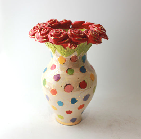 Large Rose Encrusted Vase in Coloured Dot