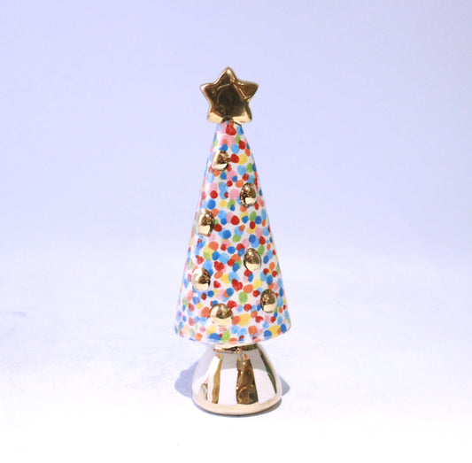 Small Christmas Tree in Confetti with Gold Striped Base