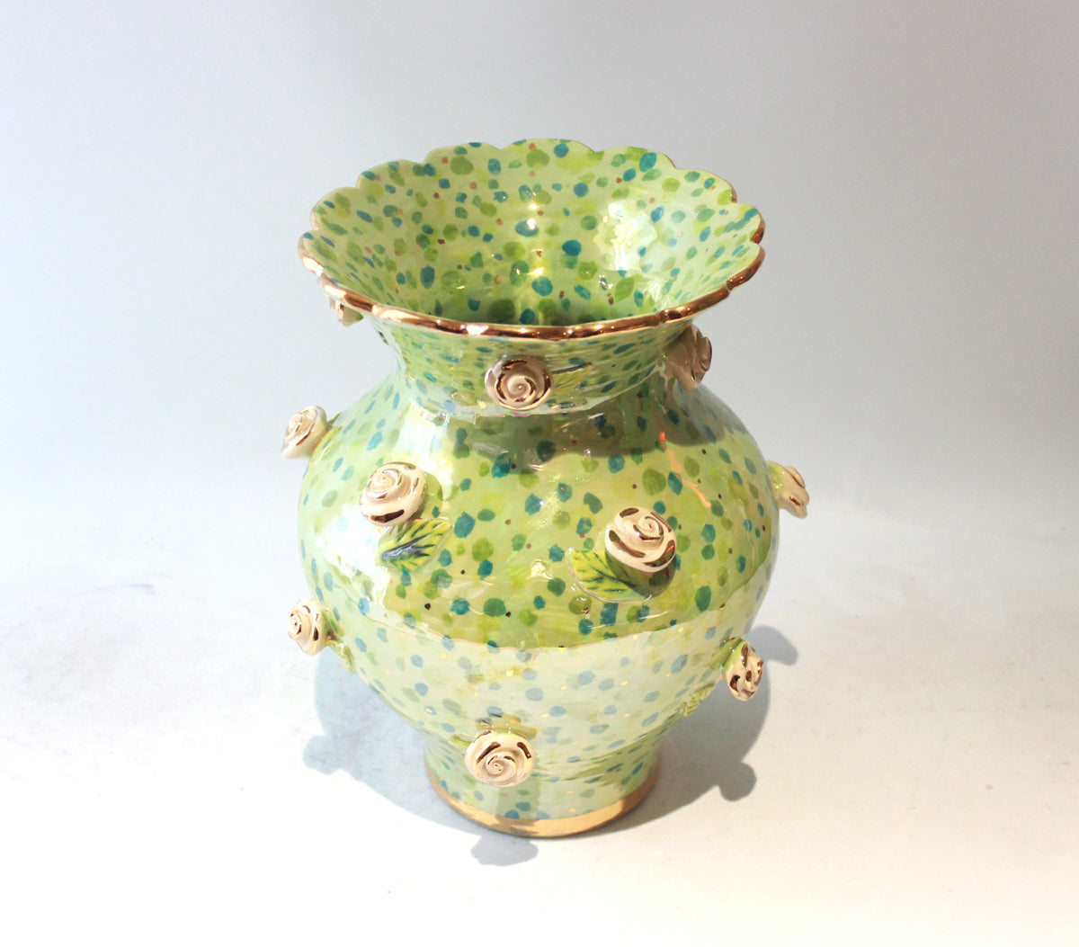 Large Fat Rose Studded Vase with Fluted Edge in Green Confetti