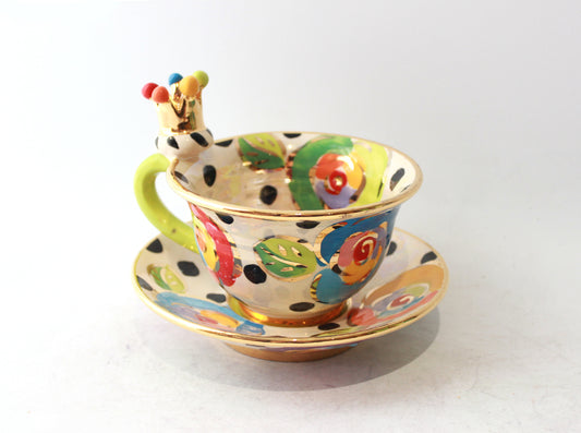 Crown Handled Cup and Saucer in Gold New Rose on Black Dot
