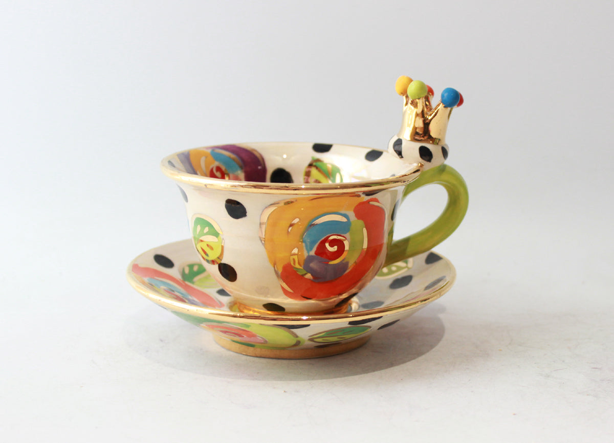 Crown Handled Cup and Saucer in Gold New Rose on Black Dot