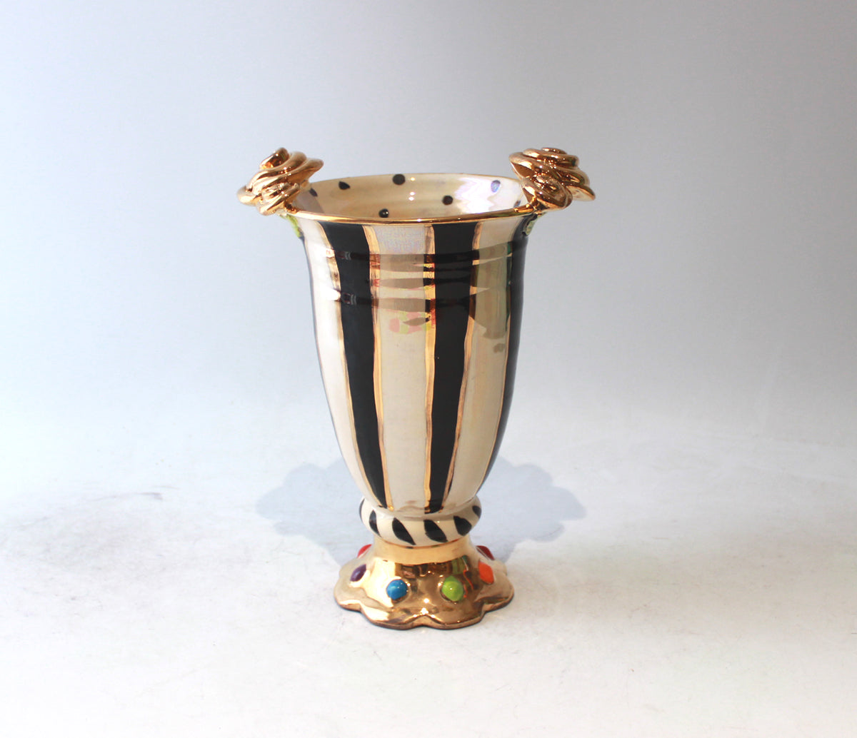 Rose Edged Crown Footed Vase in Black and White Stripe