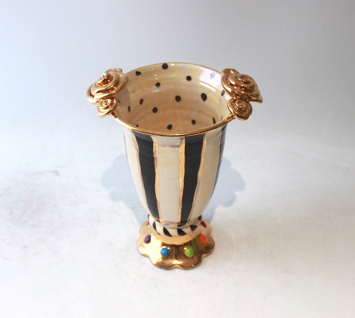 Rose Edged Crown Footed Vase in Black and White Stripe