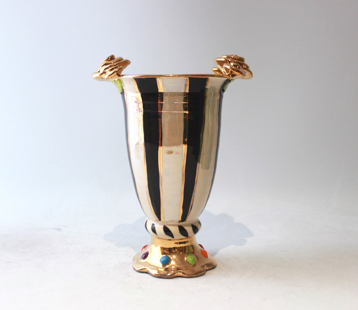 Rose Edged Crown Footed Vase in Black and White Stripe
