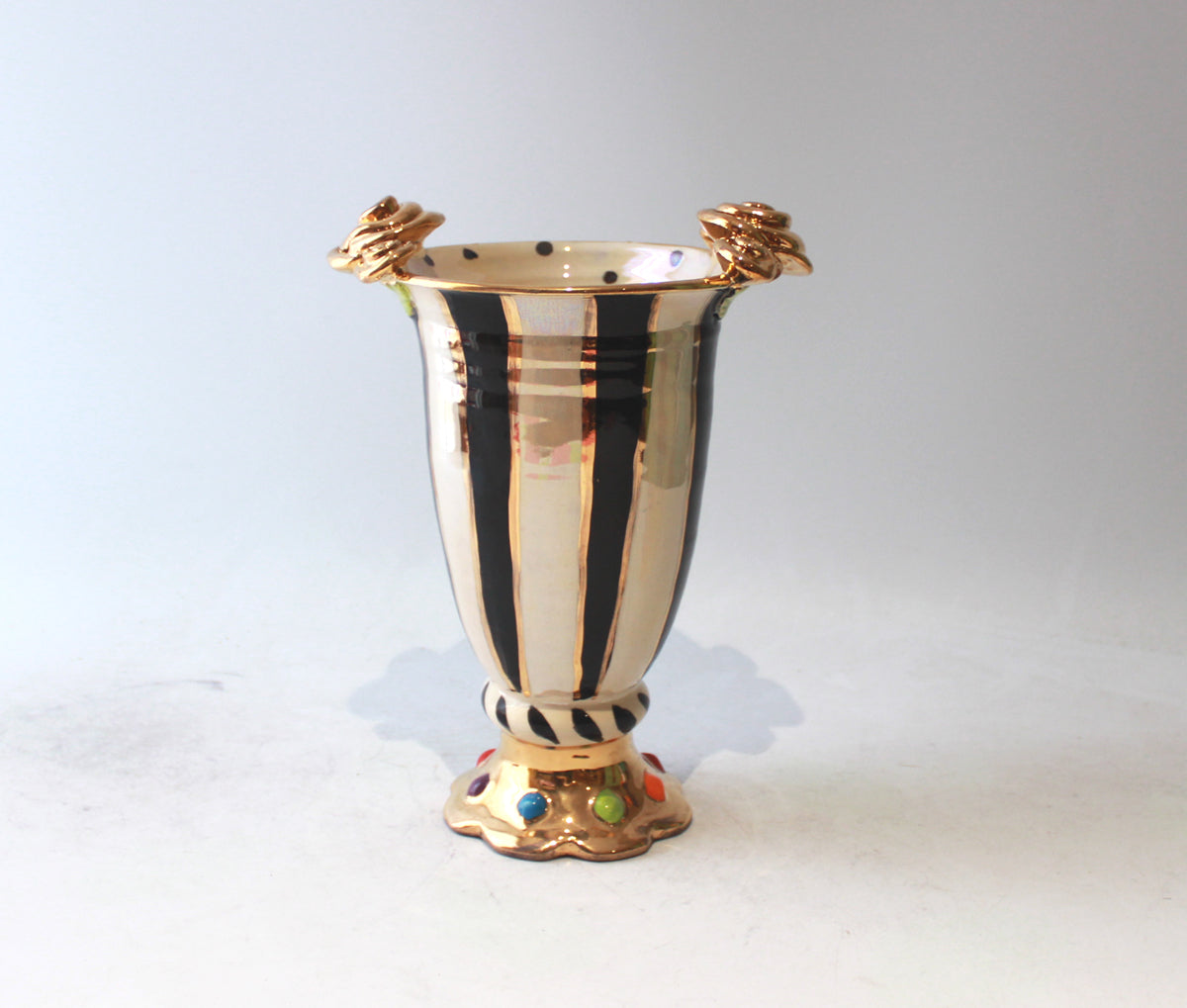 Rose Edged Crown Footed Vase in Black and White Stripe