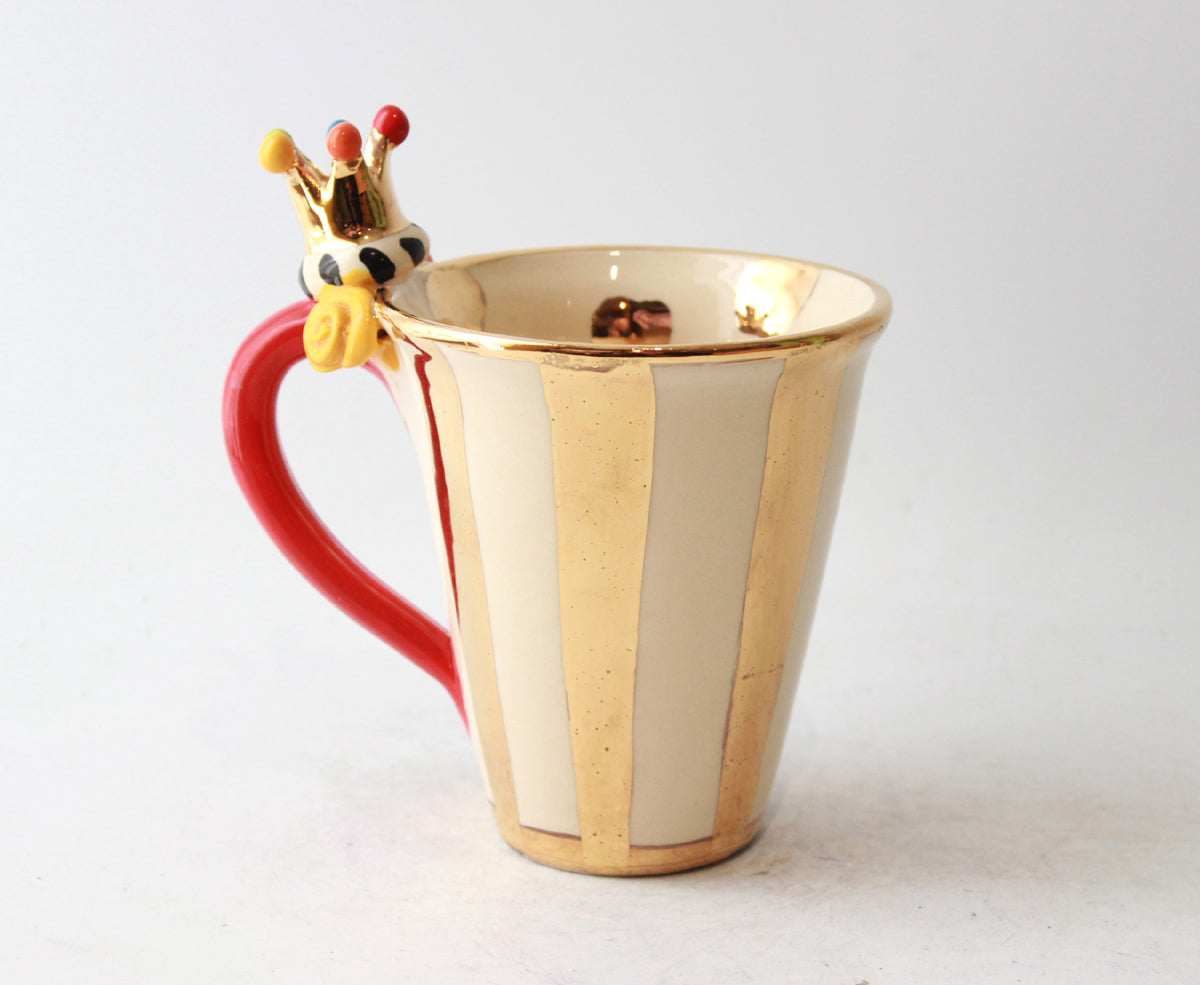 New Shape Large Crown Handled Mug in Gold and White Stripe