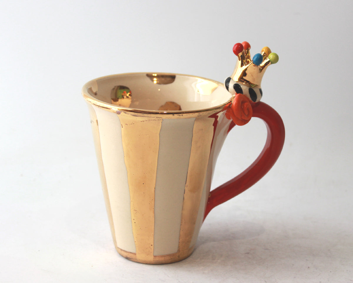 New Shape Large Crown Handled Mug in Gold and White Stripe