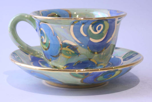 Cup and Saucer in Blue Rose on Mint - MaryRoseYoung