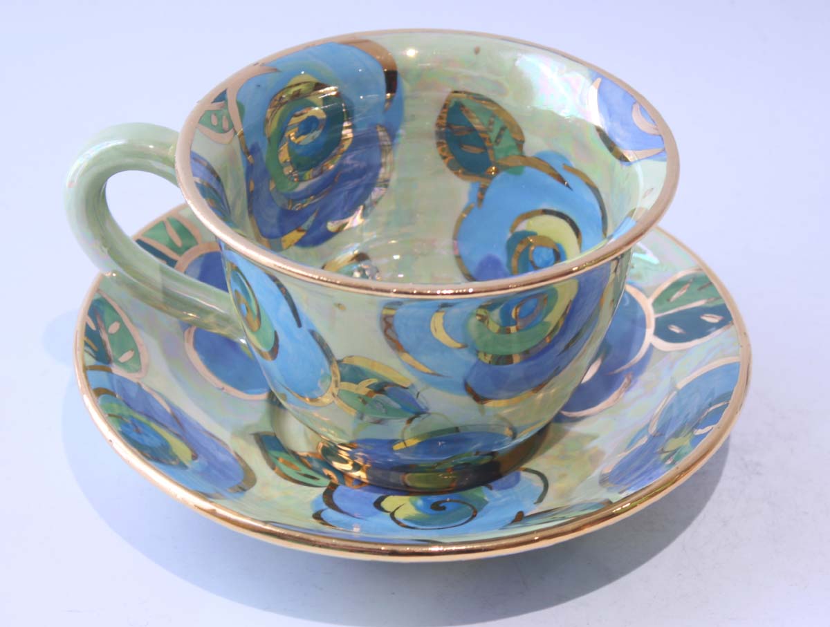 Cup and Saucer in Blue Rose on Mint - MaryRoseYoung