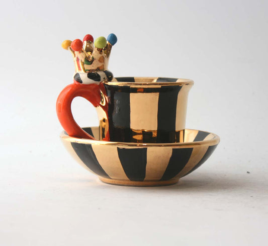 Crown Handled Demi-Tasse and Saucer in Gold and Black Stripes