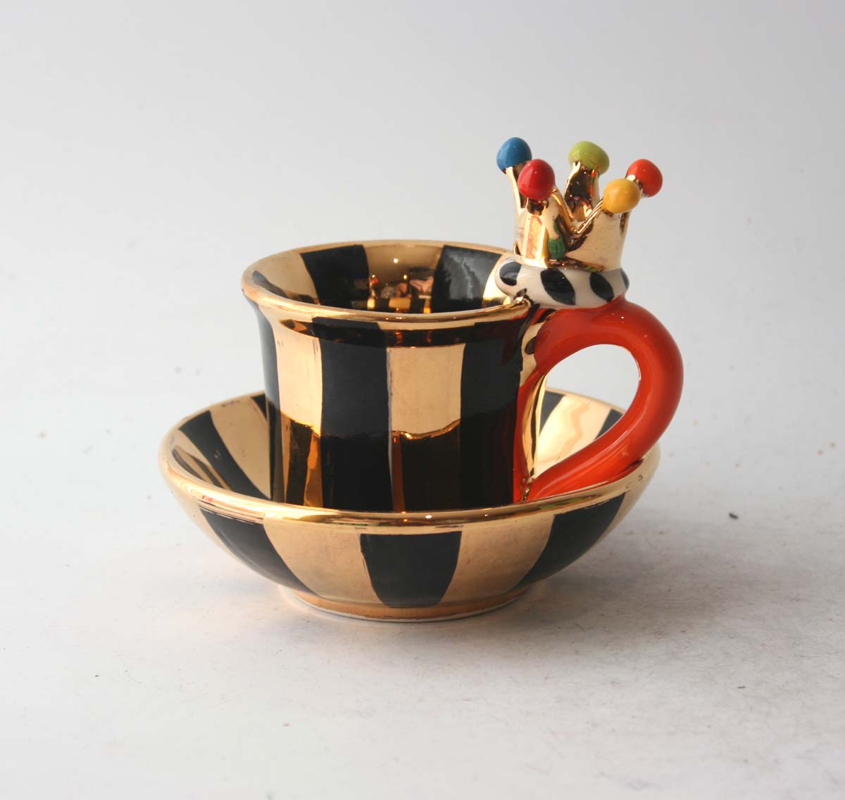 Crown Handled Demi-Tasse and Saucer in Gold and Black Stripes