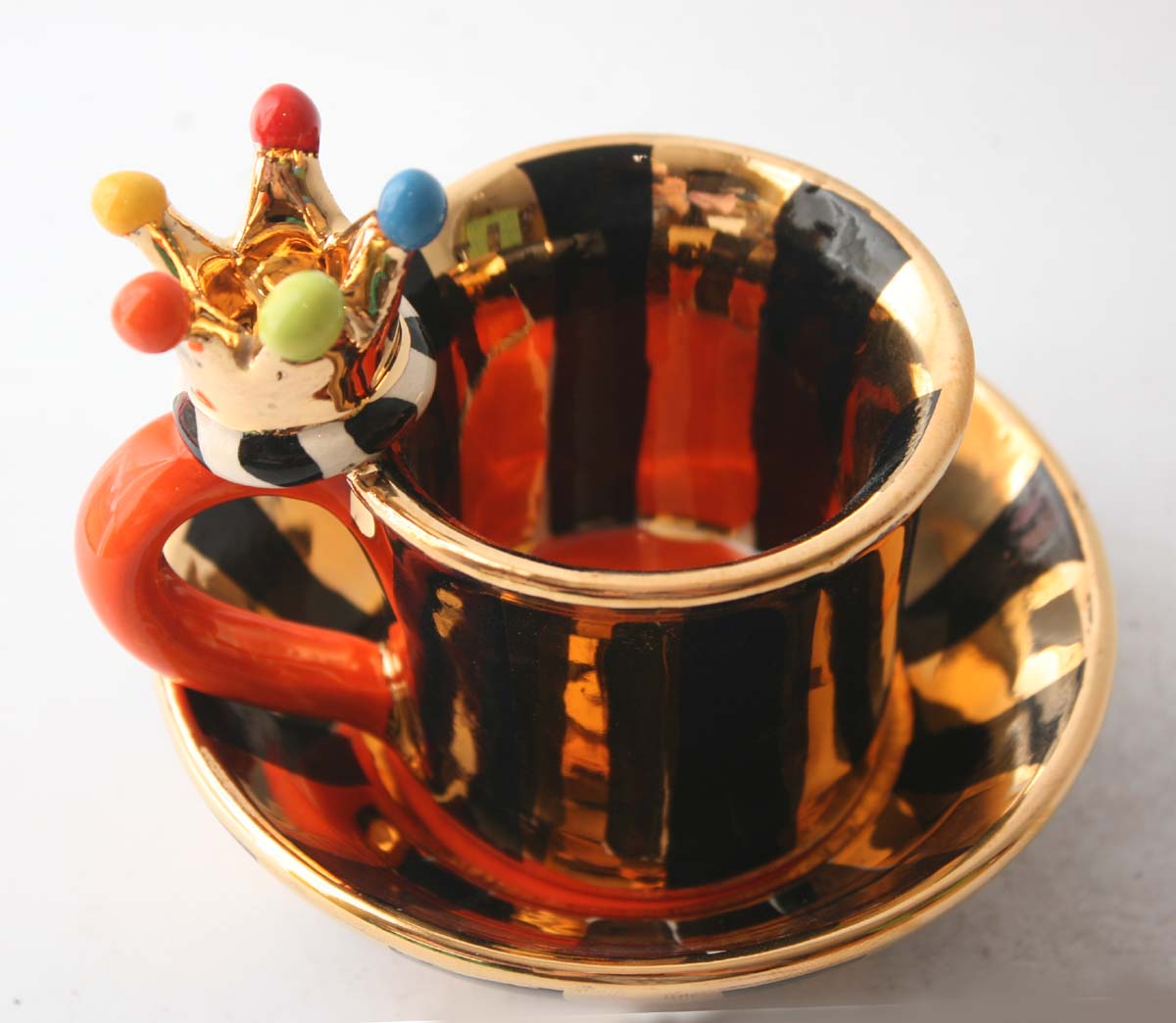 Crown Handled Demi-Tasse and Saucer in Gold and Black Stripes