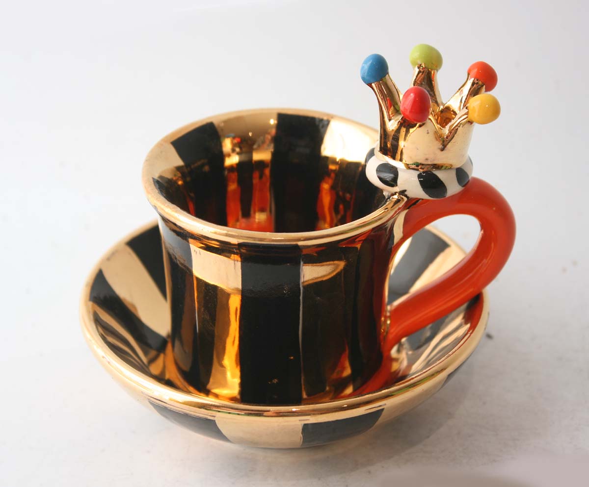 Crown Handled Demi-Tasse and Saucer in Gold and Black Stripes