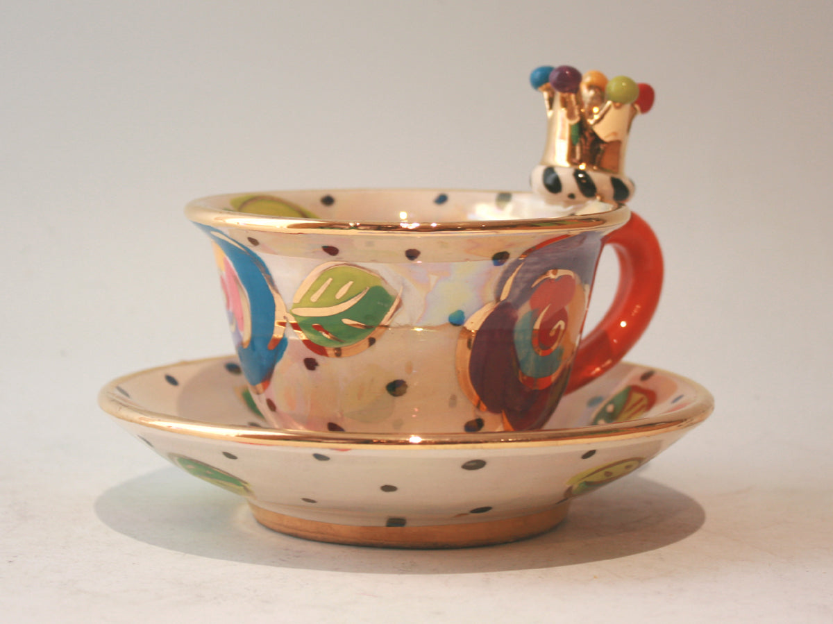 Crown Handled Cup and Saucer in Gold New Rose on Polka