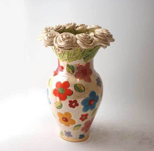 Large Rose Encrusted Vase in Daisy