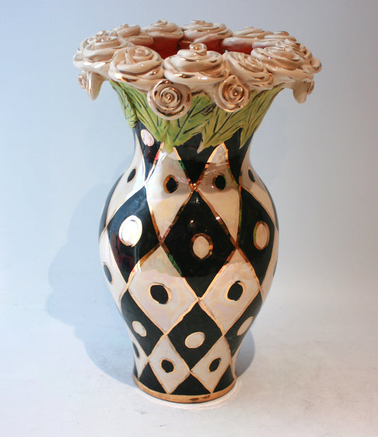 Large Rose Encrusted Vase in Chequer
