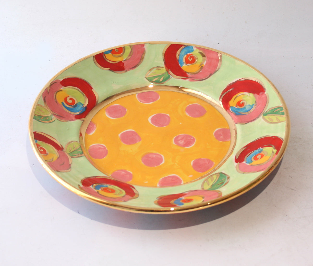 Side Plate in Roses on Green with Dotty Yellow
