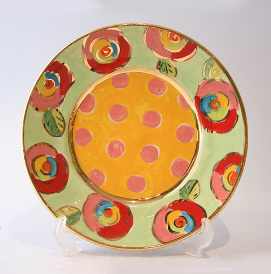 Side Plate in Roses on Green with Dotty Yellow