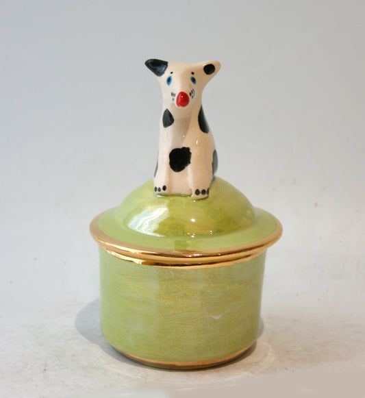 Lidded Pot with Dog in Iridescent Green