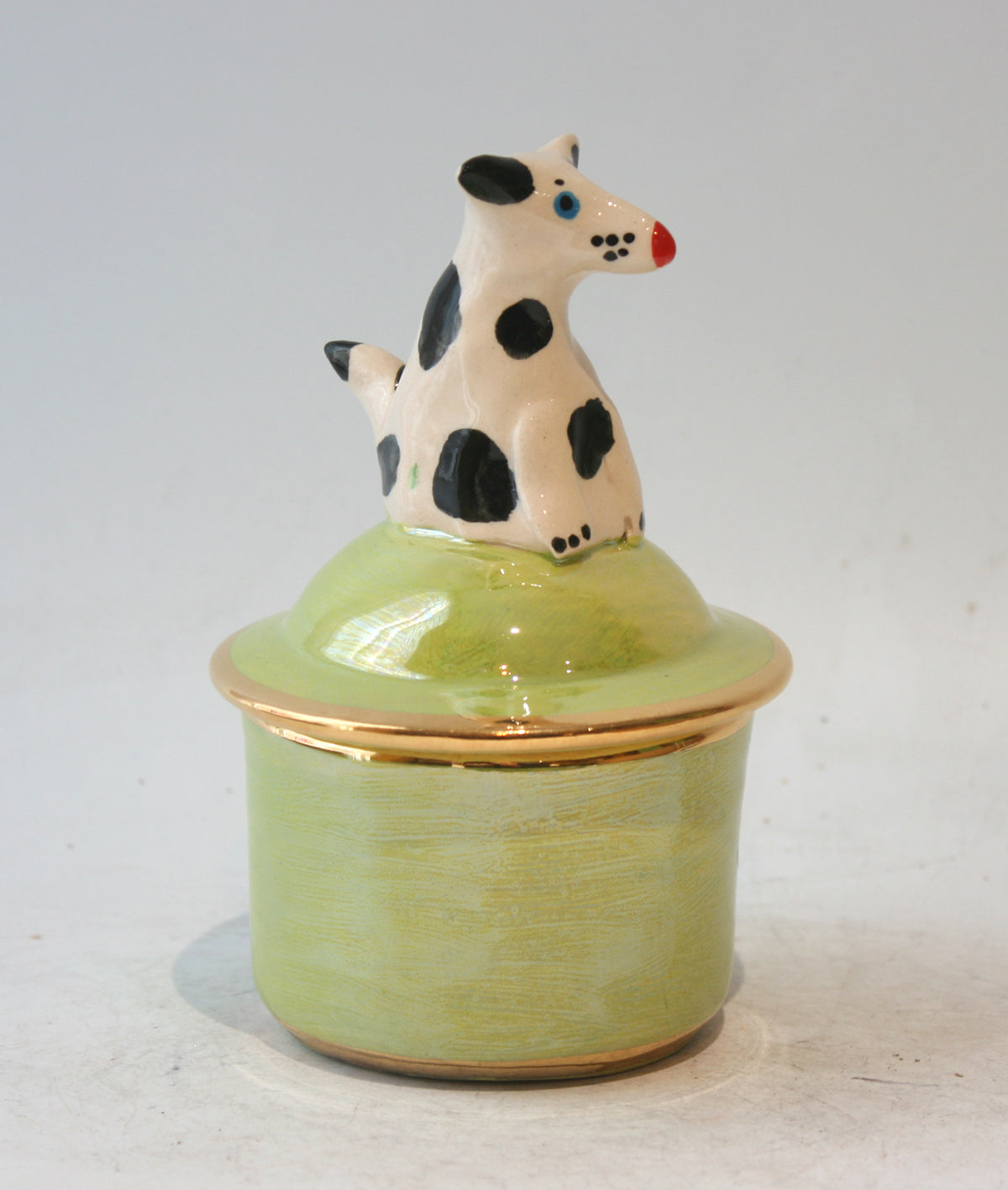 Lidded Pot with Dog in Iridescent Green