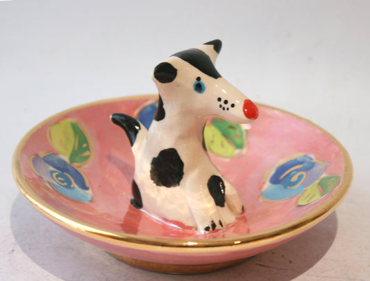 Saucer with Dog in Gold New Rose on Pink