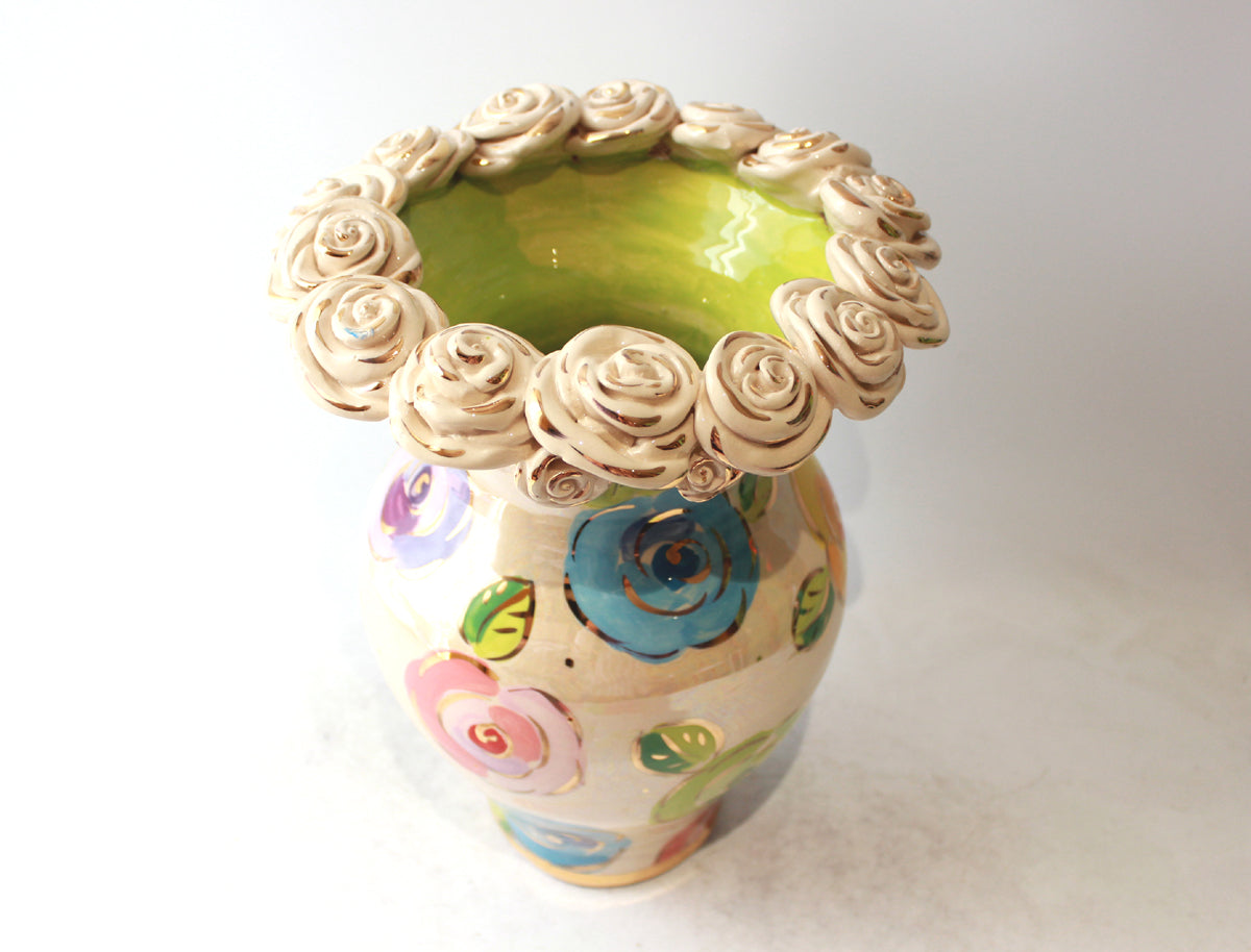 Large Fat Rose Encrusted Vase in Mixed Pale Roses