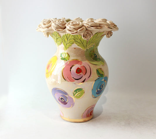 Large Fat Rose Encrusted Vase in Mixed Pale Roses